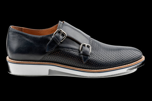 Double Monk Strap Dress Sneakers with Perforated Design in Navy