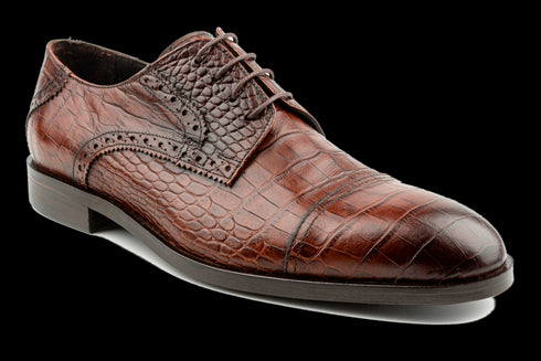 Men's Tan, Calfskin, Designer Derby Shoes with Croc & Iguana Pattern