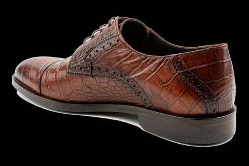 Men's Tan, Calfskin, Designer Derby Shoes with Croc & Iguana Pattern