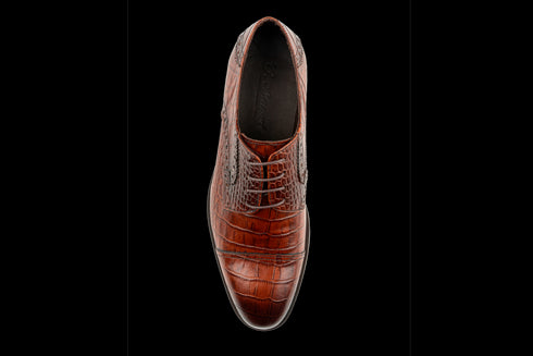 Men's Tan, Calfskin, Designer Derby Shoes with Croc & Iguana Pattern