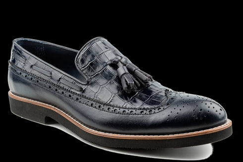 Marineblaue Longwing-Quasten-Loafer aus Leder mit Alligatormuster für Herren