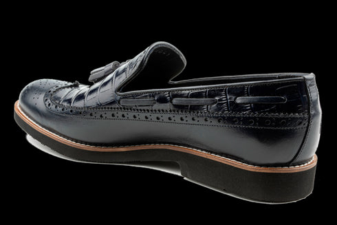 Marineblaue Longwing-Quasten-Loafer aus Leder mit Alligatormuster für Herren