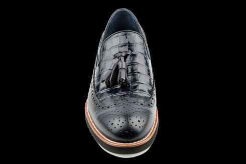 Marineblaue Longwing-Quasten-Loafer aus Leder mit Alligatormuster für Herren