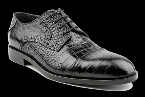 Men's Black, Calfskin, Designer Derby Shoes with Croc & Iguana Pattern