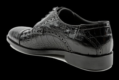 Men's Black, Calfskin, Designer Derby Shoes with Croc & Iguana Pattern