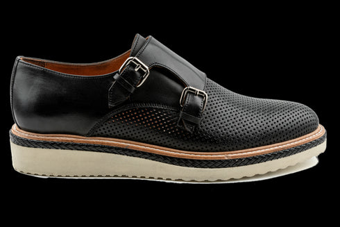 Double Monk Strap Dress Sneakers with Perforated Design in Black