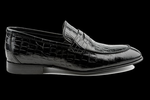 Mokassin-Zehe, Krokomuster, Penny-Loafer aus schwarzem Leder für Herren
