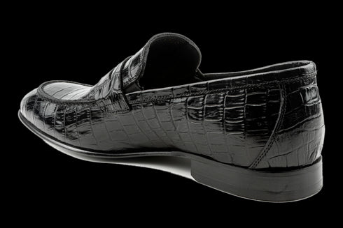 Mokassin-Zehe, Krokomuster, Penny-Loafer aus schwarzem Leder für Herren