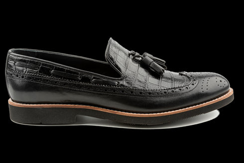 Mocasines con borlas largas negras de cuero con patrón de cocodrilo para hombre