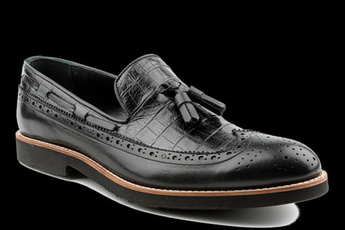 Mocasines con borlas largas negras de cuero con patrón de cocodrilo para hombre