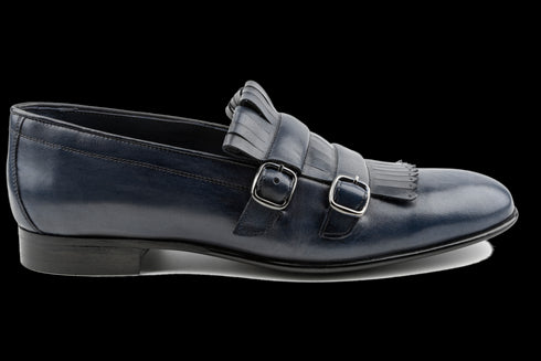 Double Buckled Crust Leather Loafers in Navy