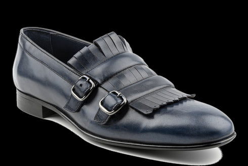 Double Buckled Crust Leather Loafers in Navy