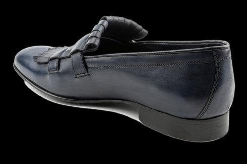 Double Buckled Crust Leather Loafers in Navy
