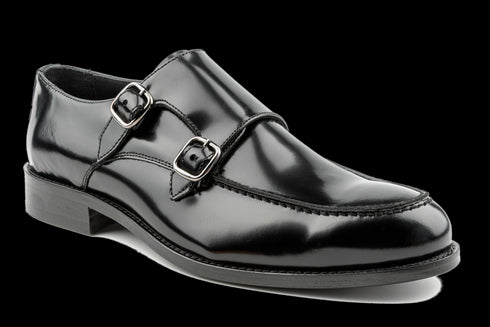 Classic Black Monk Strap Patent Leather Shoes With Moc Toe Effect