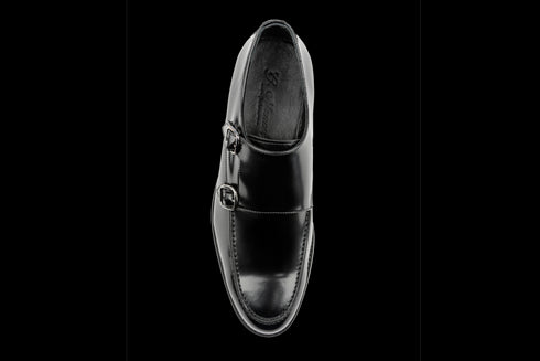 Classic Black Monk Strap Patent Leather Shoes With Moc Toe Effect