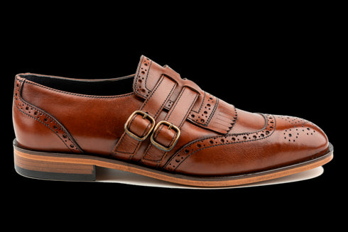 Double Monk, Full Brogue & Fringe Detailed Tan Dress Shoes for Men