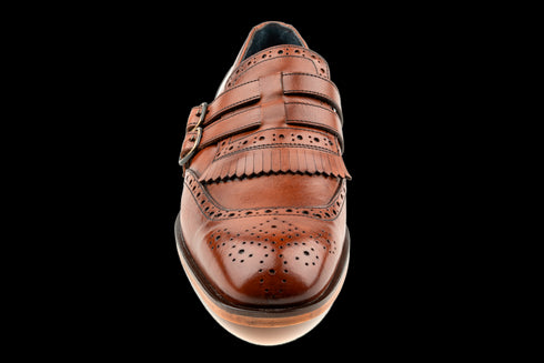 Double Monk, Full Brogue & Fringe Detailed Tan Dress Shoes for Men