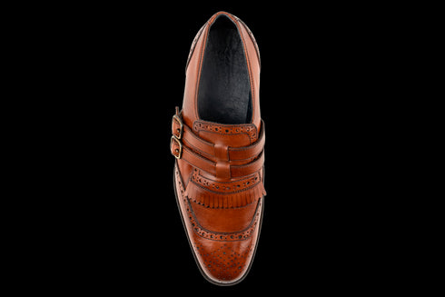 Double Monk, Full Brogue & Fringe Detailed Tan Dress Shoes for Men