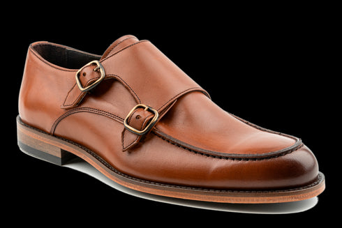 Men's Classy, Moc Toe, Leather Double Monk Strap Shoes in Tan