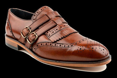 Double Monk, Full Brogue & Fringe Detailed Tan Dress Shoes for Men